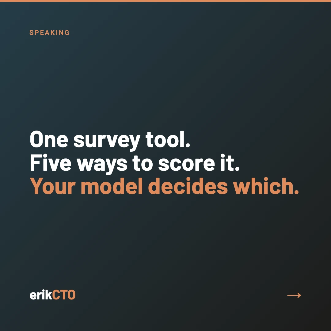 Card reading "One survey tool. Five ways to score it. Your model decides which."
